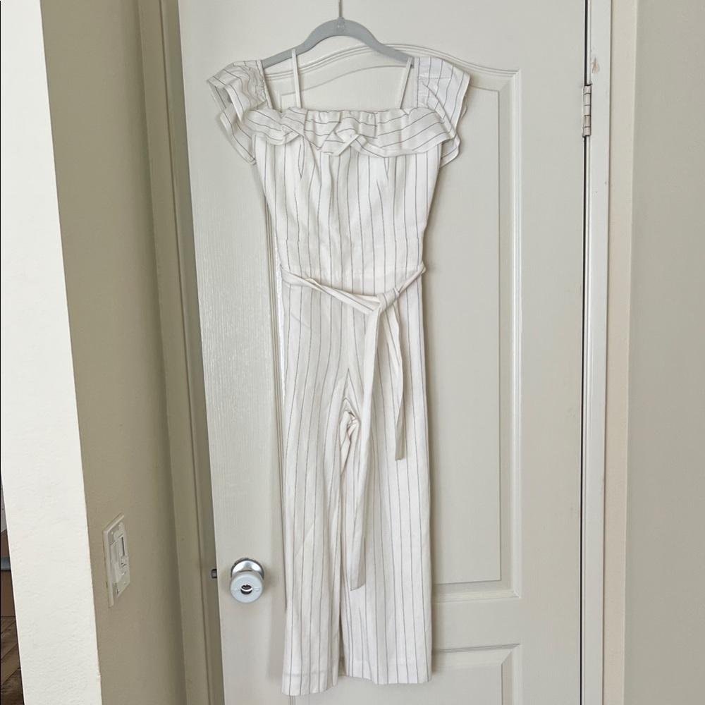 Club Monaco Off-Shoulder White Striped Jumpsuit